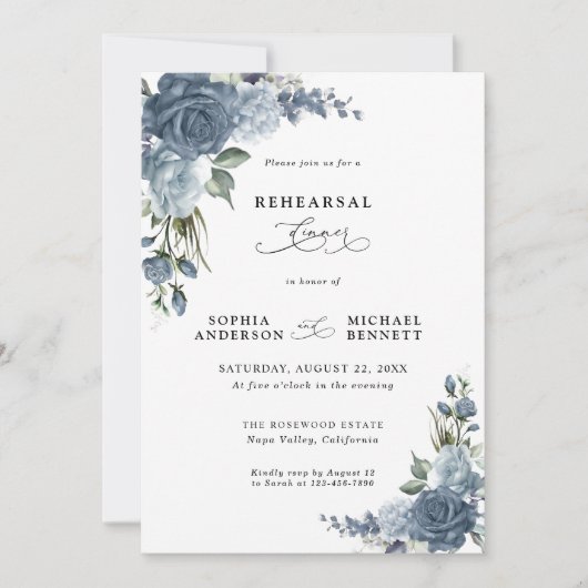 Elegant Dusty Blue Floral Wedding Rehearsal Dinner Kaart (Voorkant)