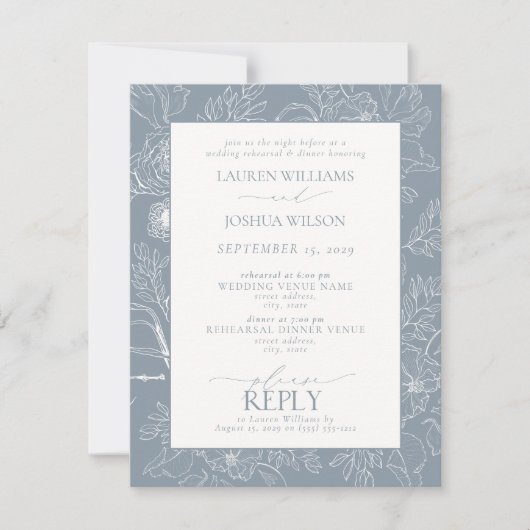 Elegant Dusty Blue Floral Wedding Rehearsal Dinner Kaart (Voorkant)