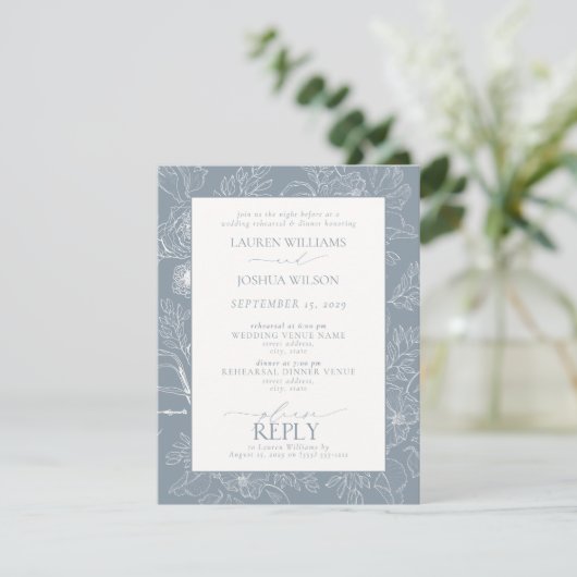 Elegant Dusty Blue Floral Wedding Rehearsal Dinner Kaart (Staand voorkant)