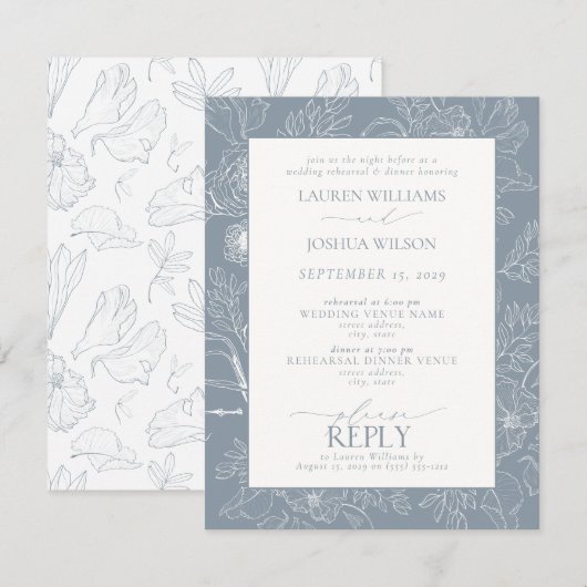 Elegant Dusty Blue Floral Wedding Rehearsal Dinner Kaart (Voorkant / Achterkant)