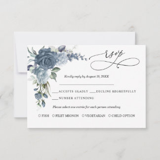 Elegant Dusty Blue Floral Wedding Response Card RSVP Kaartje