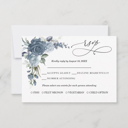 Elegant Dusty Blue Floral Wedding Response Card RSVP Kaartje (Voorkant)