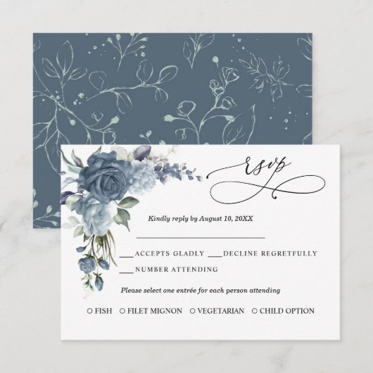 Elegant Dusty Blue Floral Wedding Response Card RSVP Kaartje (Voorkant / Achterkant)