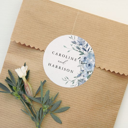 Elegant Dusty Blue Floral Wedding Ronde Sticker