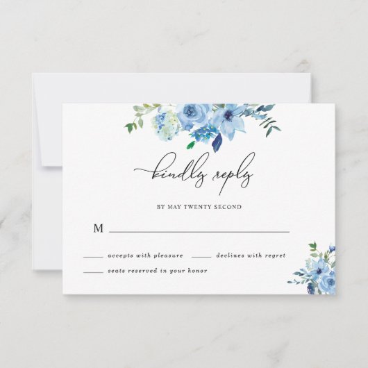 Elegant Dusty Blue Floral Wedding RSVP Card (Voorkant)