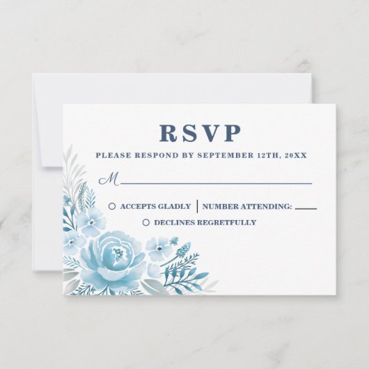 Elegant Dusty Blue Floral Wedding RSVP Card (Voorkant)