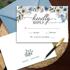 Elegant Dusty Blue Floral Wedding RSVP Card Kaartje