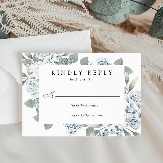 Elegant Dusty Blue Floral Wedding RSVP Kaartje