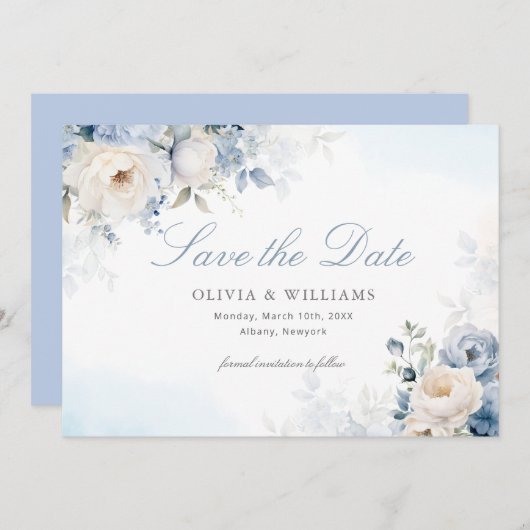 Elegant Dusty Blue Floral Wedding Save The Date (Voorkant / Achterkant)