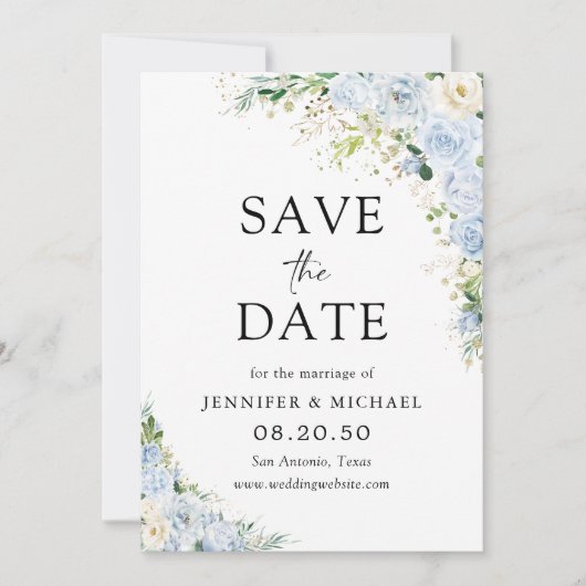Elegant Dusty Blue Floral Wedding Save The Date (Voorkant)
