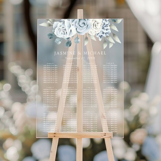 Elegant Dusty Blue Floral Wedding Seating Chart Acryl Bord