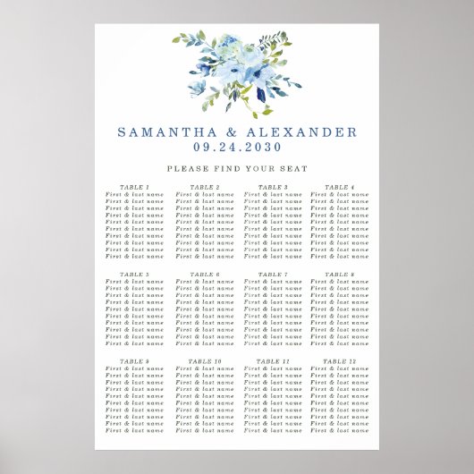 Elegant Dusty Blue Floral Wedding Seating Chart Poster (Voorkant)