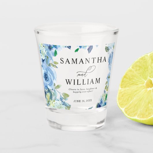 Elegant Dusty Blue Floral Wedding Shot Glass Shot Glas (Voorkant)