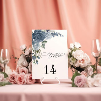 Elegant Dusty Blue Floral Wedding Table Card Kaart