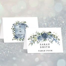 Elegant Dusty Blue Floral Wedding Table Place Card Kaart