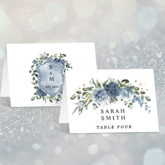 Elegant Dusty Blue Floral Wedding Table Place Card Kaart