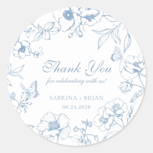 Elegant Dusty Blue Floral Wedding Thank You Ronde Sticker (Voorkant)