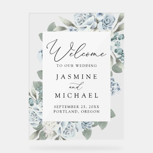 Elegant Dusty Blue Floral Wedding Welcome Acryl Bord (Voorkant)