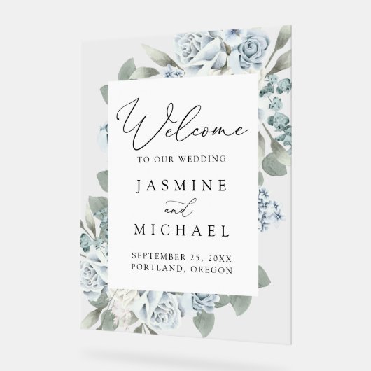 Elegant Dusty Blue Floral Wedding Welcome Acryl Bord (Hoek)