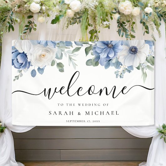 Elegant Dusty Blue Floral Wedding Welcome Spandoek