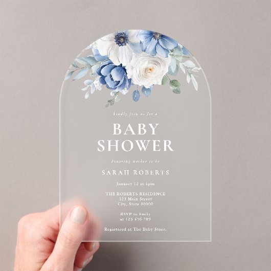 Elegant Dusty Blue Floral Winter Baby shower Acryl Uitnodigingen (Insitu (Draagbaar))