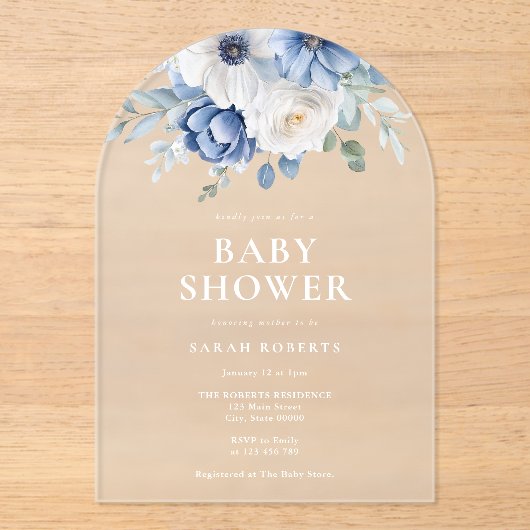 Elegant Dusty Blue Floral Winter Baby shower Acryl Uitnodigingen (Voorkant)