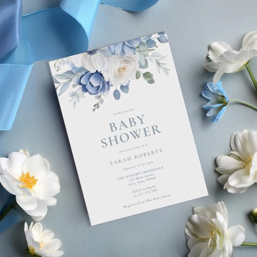Elegant Dusty Blue Floral Winter Baby shower Kaart