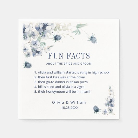 Elegant Dusty Blue Floral Winter Wedding FUN FACTS Servet (Voorkant)