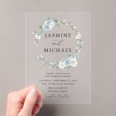 Elegant Dusty Blue Floral Wreath Wedding Acryl Uitnodigingen (Insitu (Draagbaar))