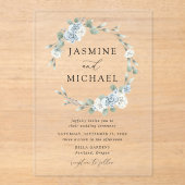 Elegant Dusty Blue Floral Wreath Wedding Acryl Uitnodigingen (Voorkant)