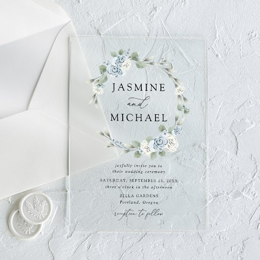 Elegant Dusty Blue Floral Wreath Wedding Acryl Uitnodigingen