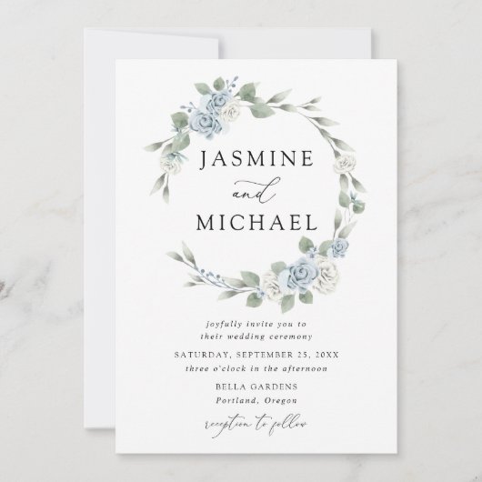 Elegant Dusty Blue Floral Wreath Wedding Kaart (Voorkant)
