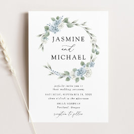 Elegant Dusty Blue Floral Wreath Wedding Kaart