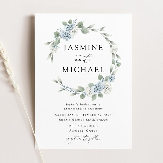 Elegant Dusty Blue Floral Wreath Wedding Kaart