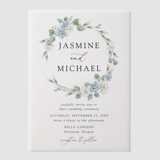 Elegant Dusty Blue Floral Wreath Wedding Vellum Uitnodigingen (Voorkant)