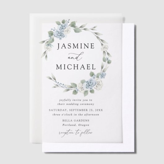 Elegant Dusty Blue Floral Wreath Wedding Vellum Uitnodigingen (Offset)