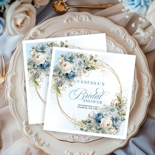 Elegant dusty blue florals eucalyptus gold party  servet