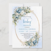 Elegant Dusty Blue Flowers Gold Baby Shower Invite Kaart (Voorkant)