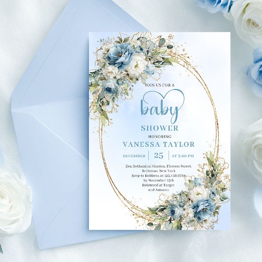 Elegant Dusty Blue Flowers Gold Baby Shower Invite Kaart