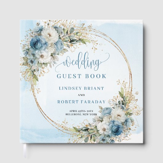 Elegant Dusty Blue Flowers Gold Wedding Guest Book Gastenboek (Voorkant)