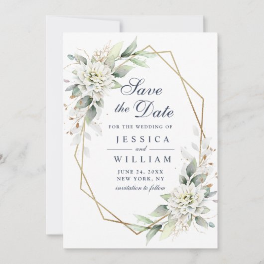 Elegant Dusty Blue Flowers Greenery Wedding Save The Date (Voorkant)