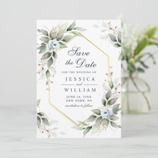 Elegant Dusty Blue Flowers Greenery Wedding Save The Date (Staand voorkant)