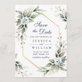 Elegant Dusty Blue Flowers Greenery Wedding Save The Date