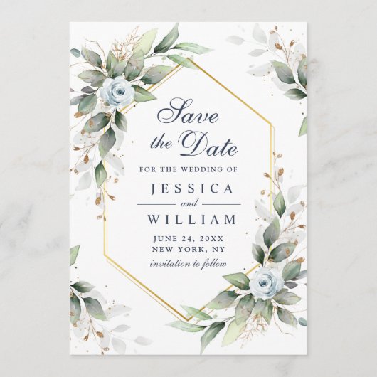 Elegant Dusty Blue Flowers Greenery Wedding Save The Date (Voorkant)