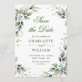 Elegant Dusty Blue Flowers Greenery Wedding Save The Date