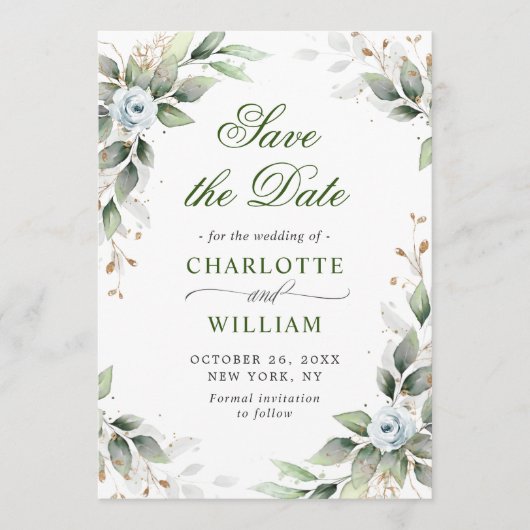 Elegant Dusty Blue Flowers Greenery Wedding Save The Date (Voorkant)