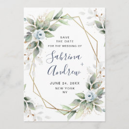 Elegant Dusty Blue Flowers Greenery Wedding Save The Date