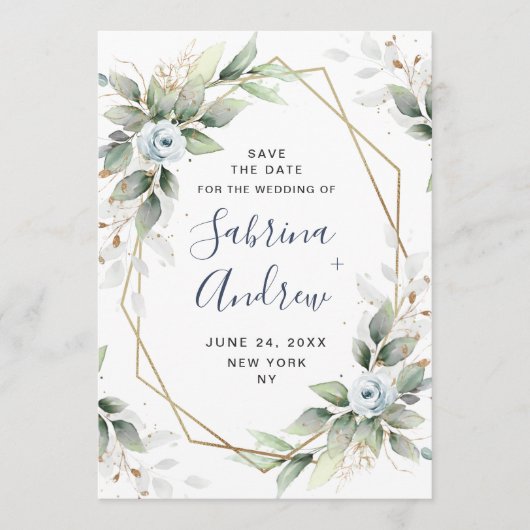 Elegant Dusty Blue Flowers Greenery Wedding Save The Date (Voorkant)