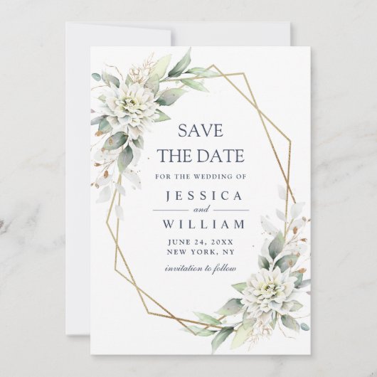 Elegant Dusty Blue Flowers Greenery Wedding Save The Date (Voorkant)