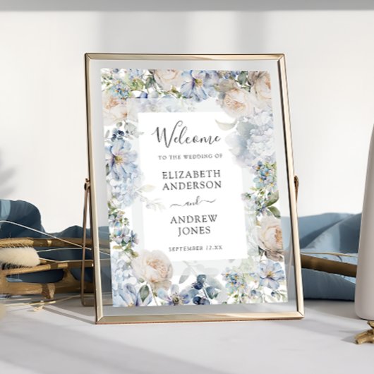 Elegant Dusty Blue Flowers Tuin Bruiloft Welkom Poster